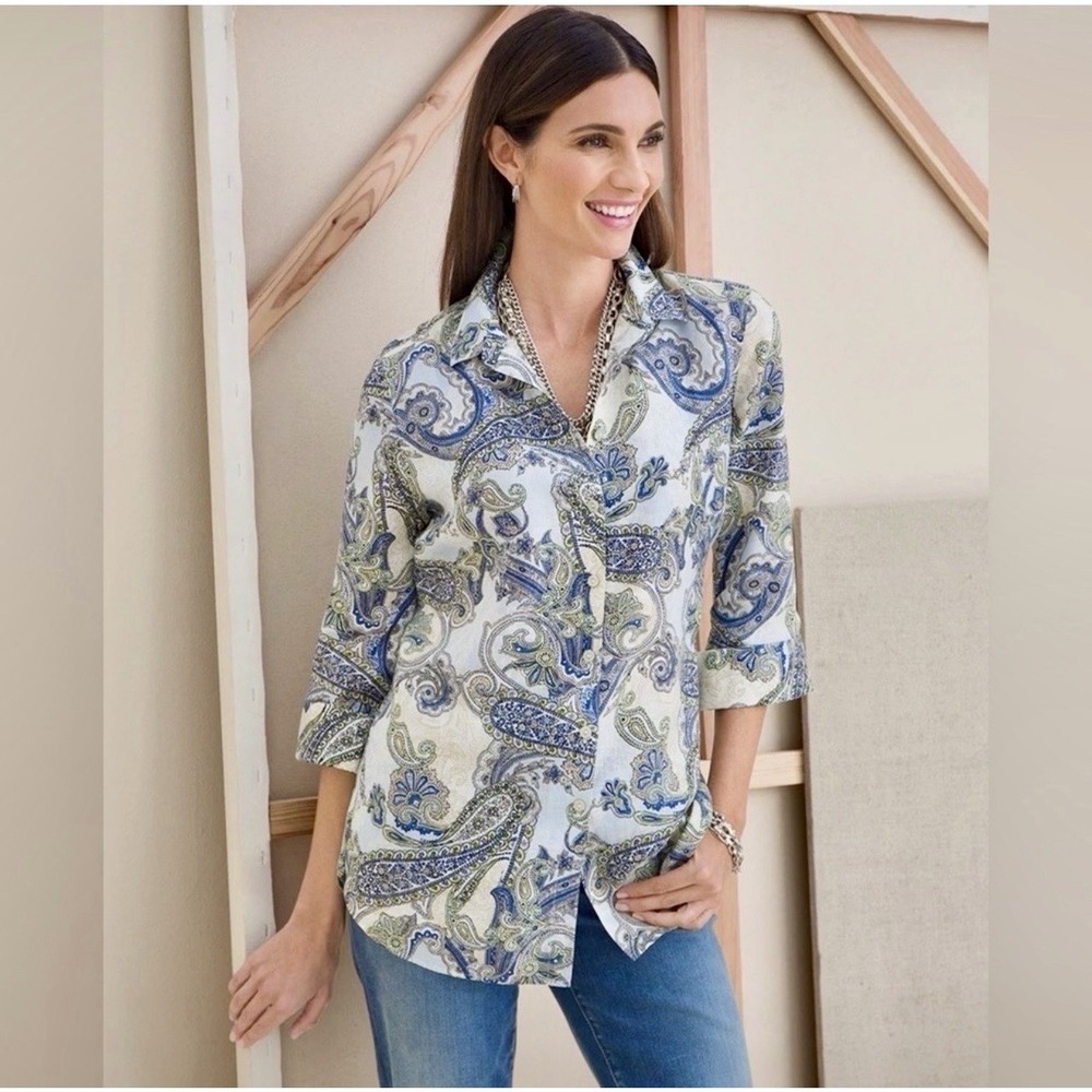 Chico's Paisley Linen No Iron 3/4 Sleeve Button Down Top Women's Size Medium